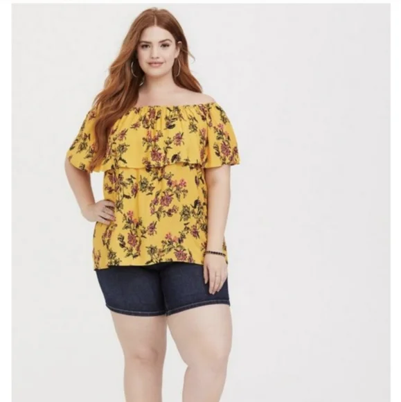 TORRID FLORAL CREPE EMBROIDERED RUFFLE OFF-SHOULDER TOP - Picture 2 of 9
